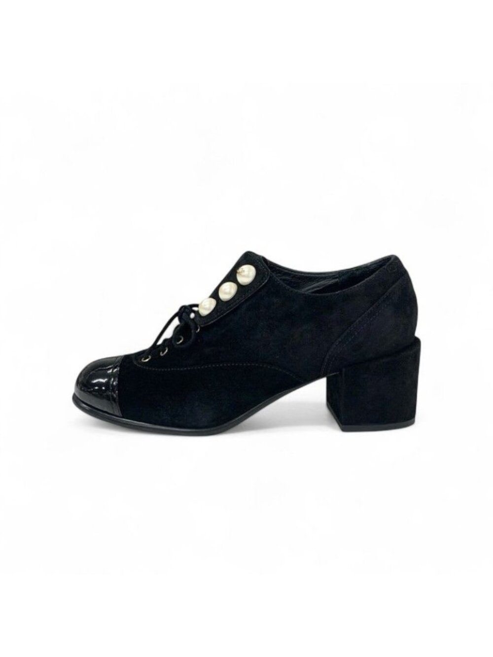 Chanel Loafers Leather Shoes Suede Patent Black Pearl Coco Mark Lace Up - Picture 3 of 10